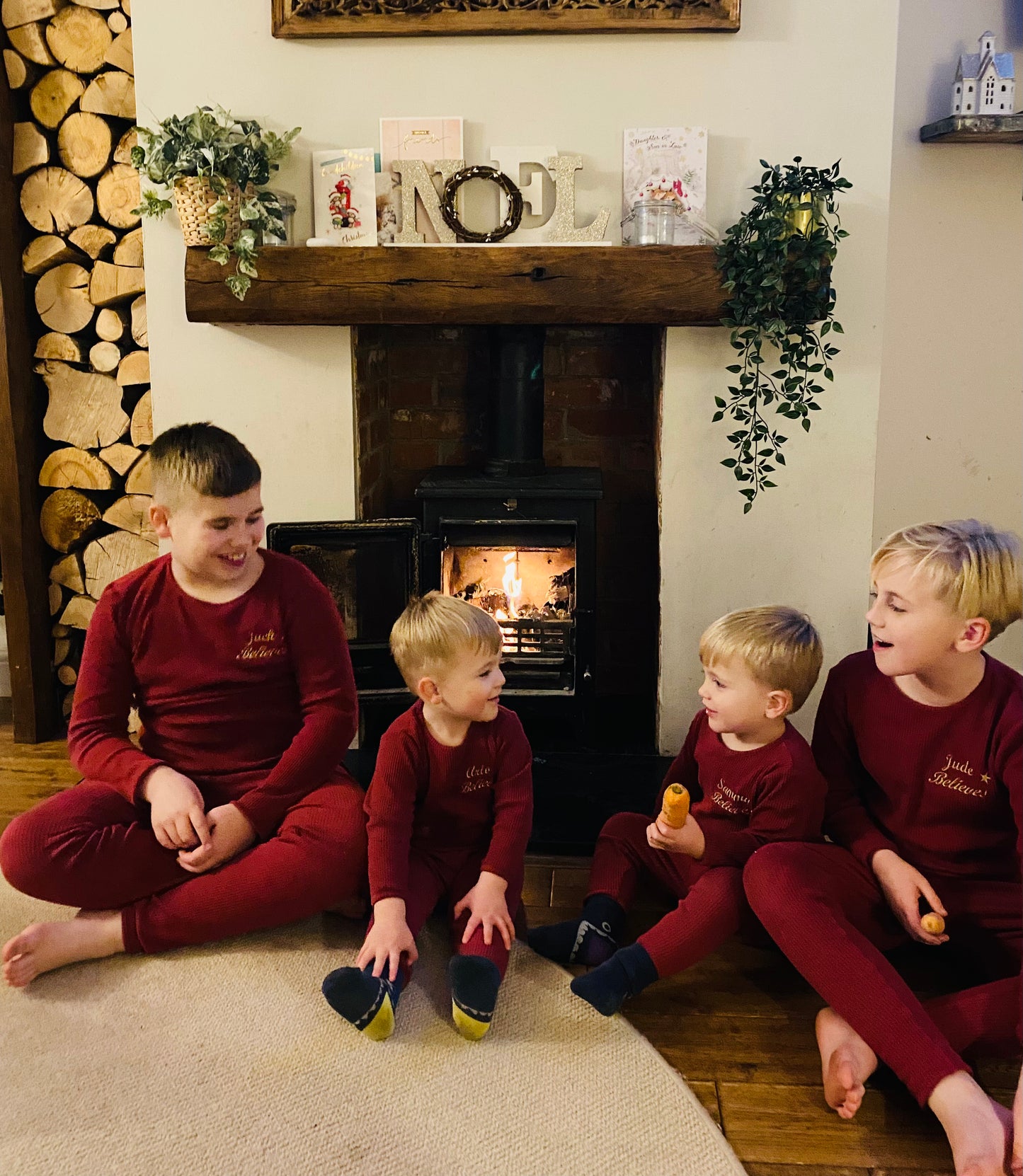 Claret Red Ribbed Kids Christmas Loungewear